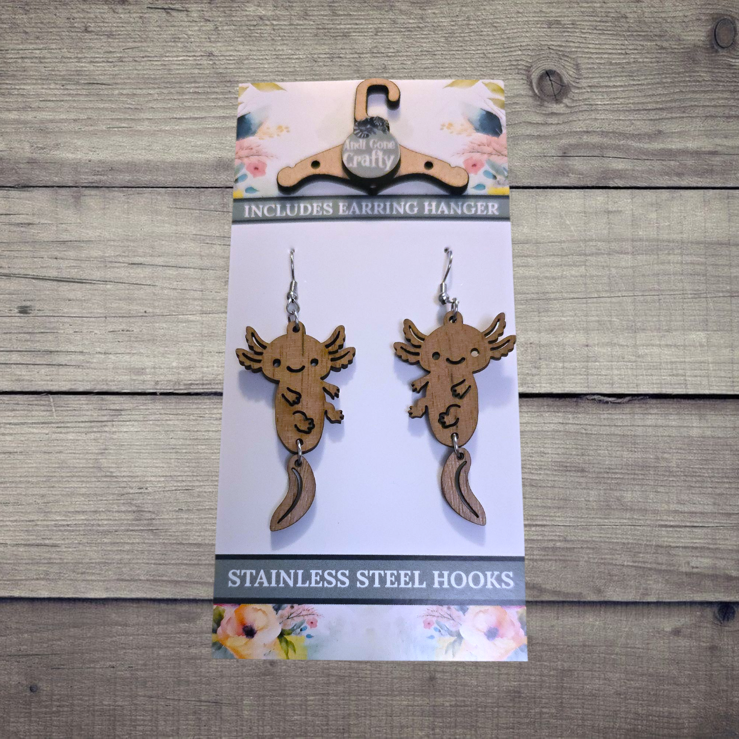 Axolotl - (Lightweight Wood and Stainless Steel Hooks) - Earring Number 300129