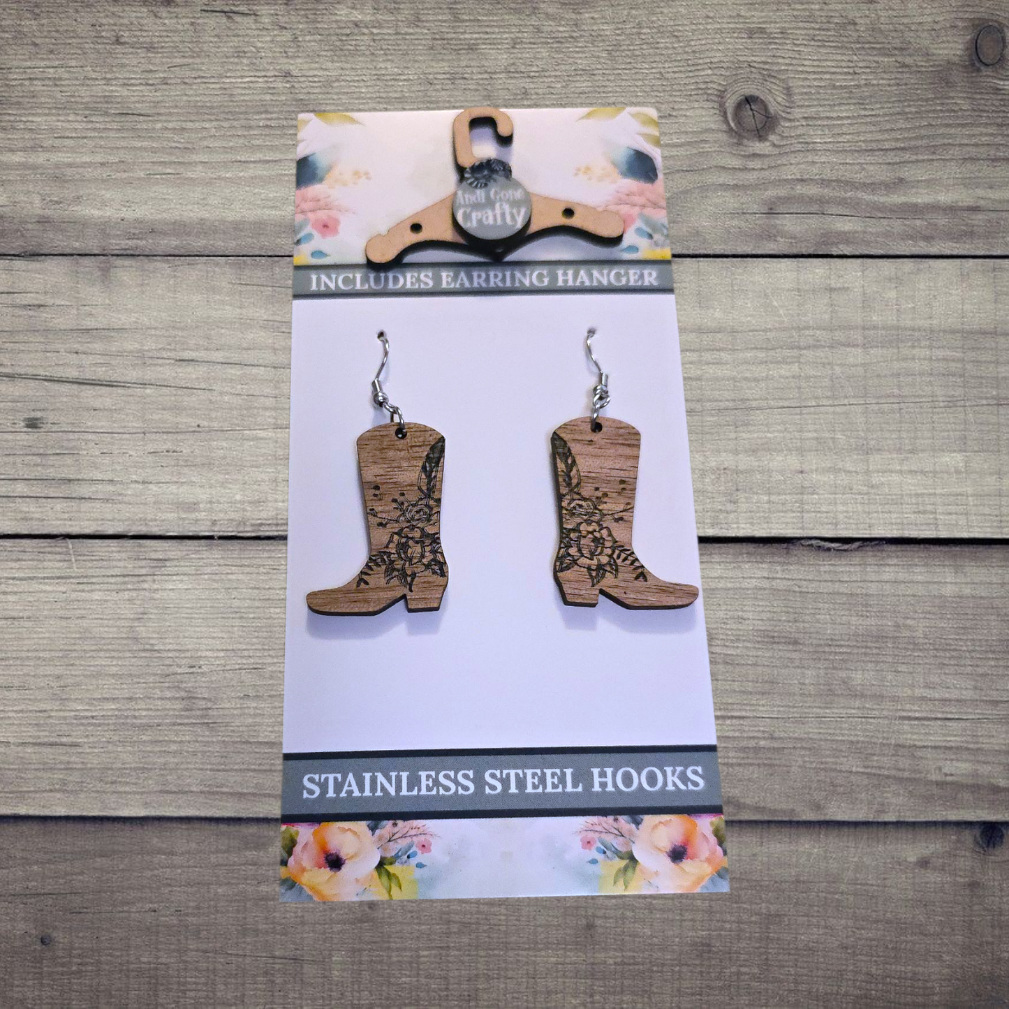Cowboy Boot - (Lightweight Wood and Stainless Steel Hooks) - Earring Number 300131