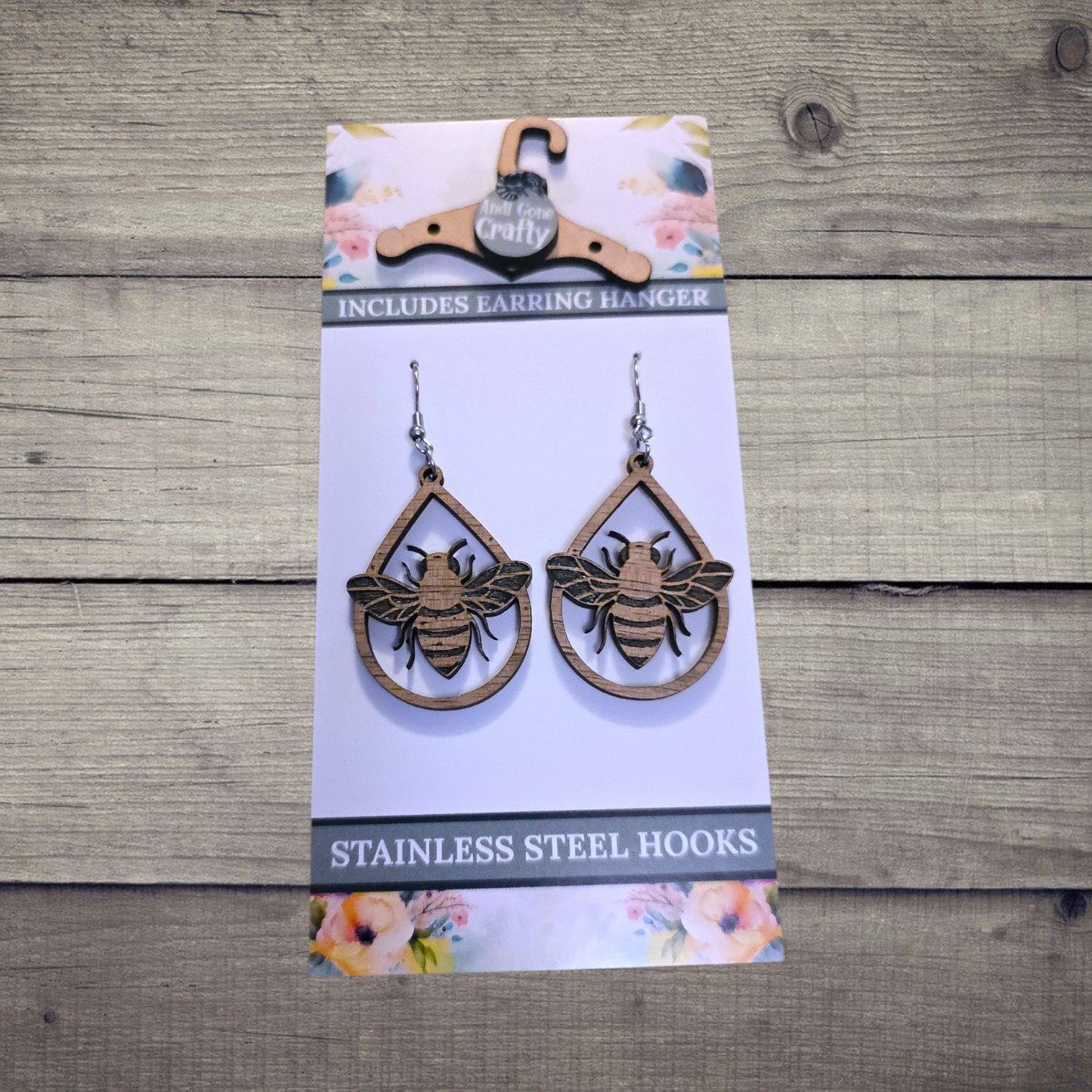 Bee - (Lightweight Wood and Stainless Steel Hooks) - Earring Number 300132