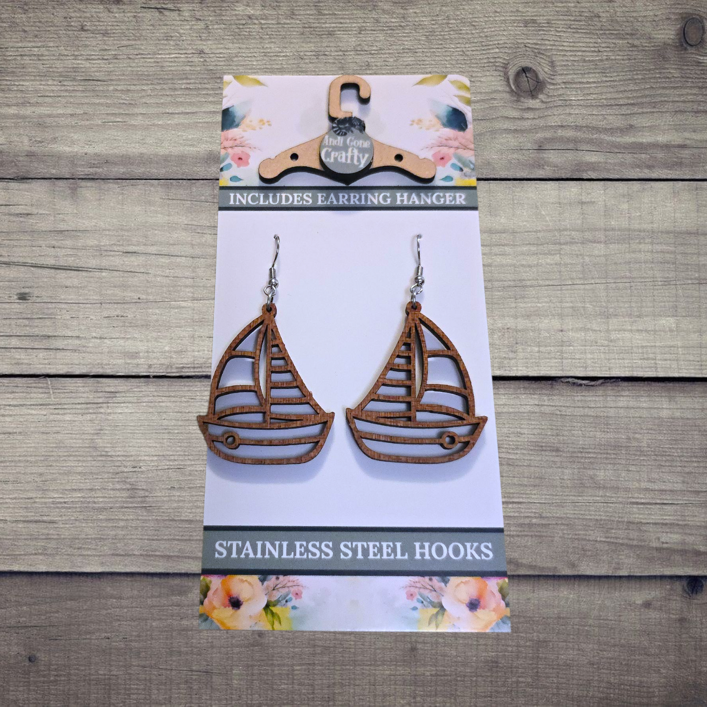 Sail Boat - (Lightweight Wood and Stainless Steel Hooks) - Earring Number 300135