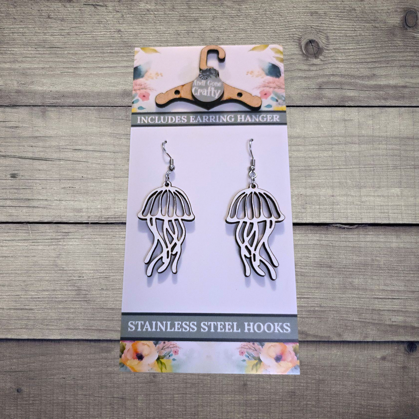 Jellyfish- (Lightweight Wood and Stainless Steel Hooks) - Earring Number 300115