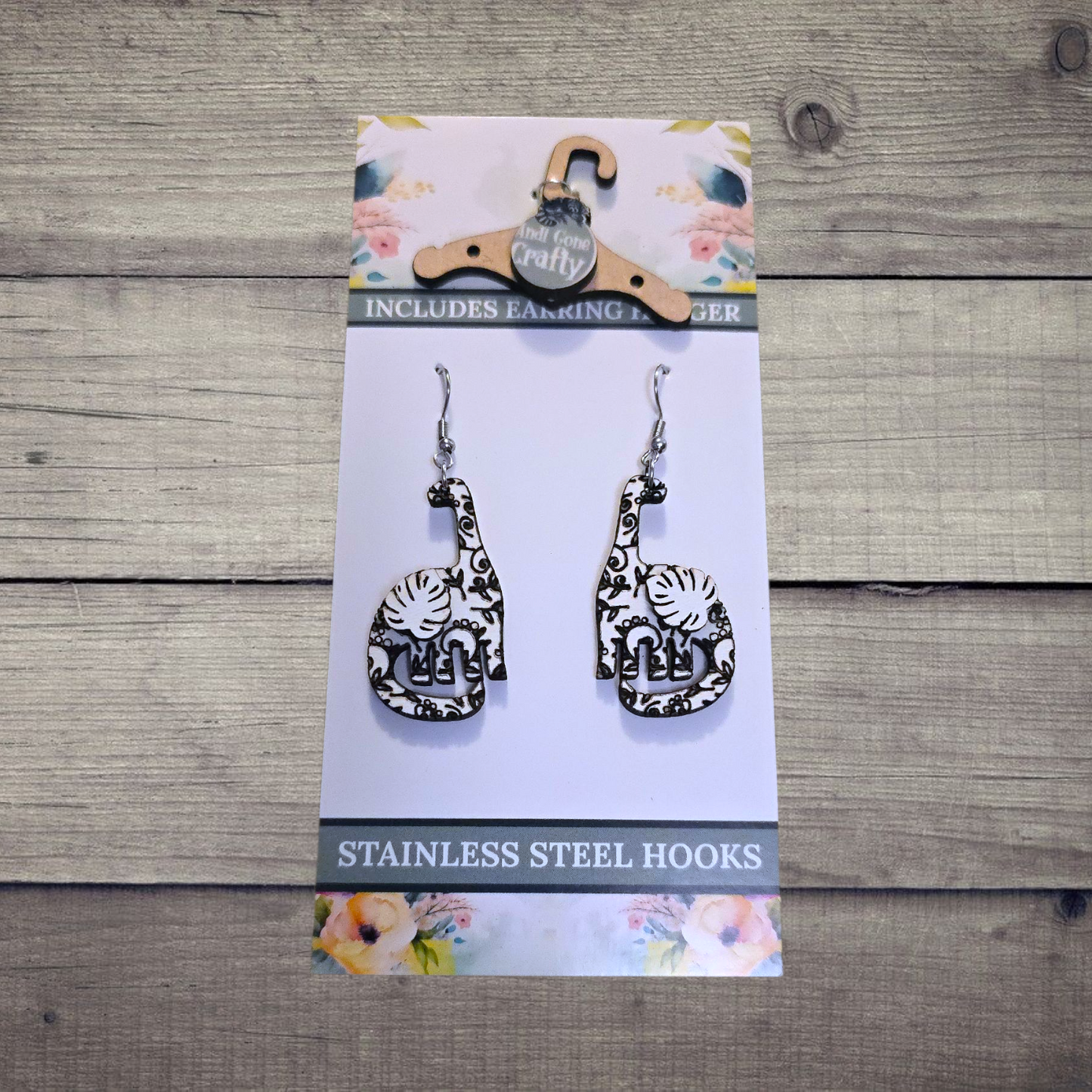 Dino - (Lightweight Wood and Stainless Steel Hooks) - Earring Number 300077