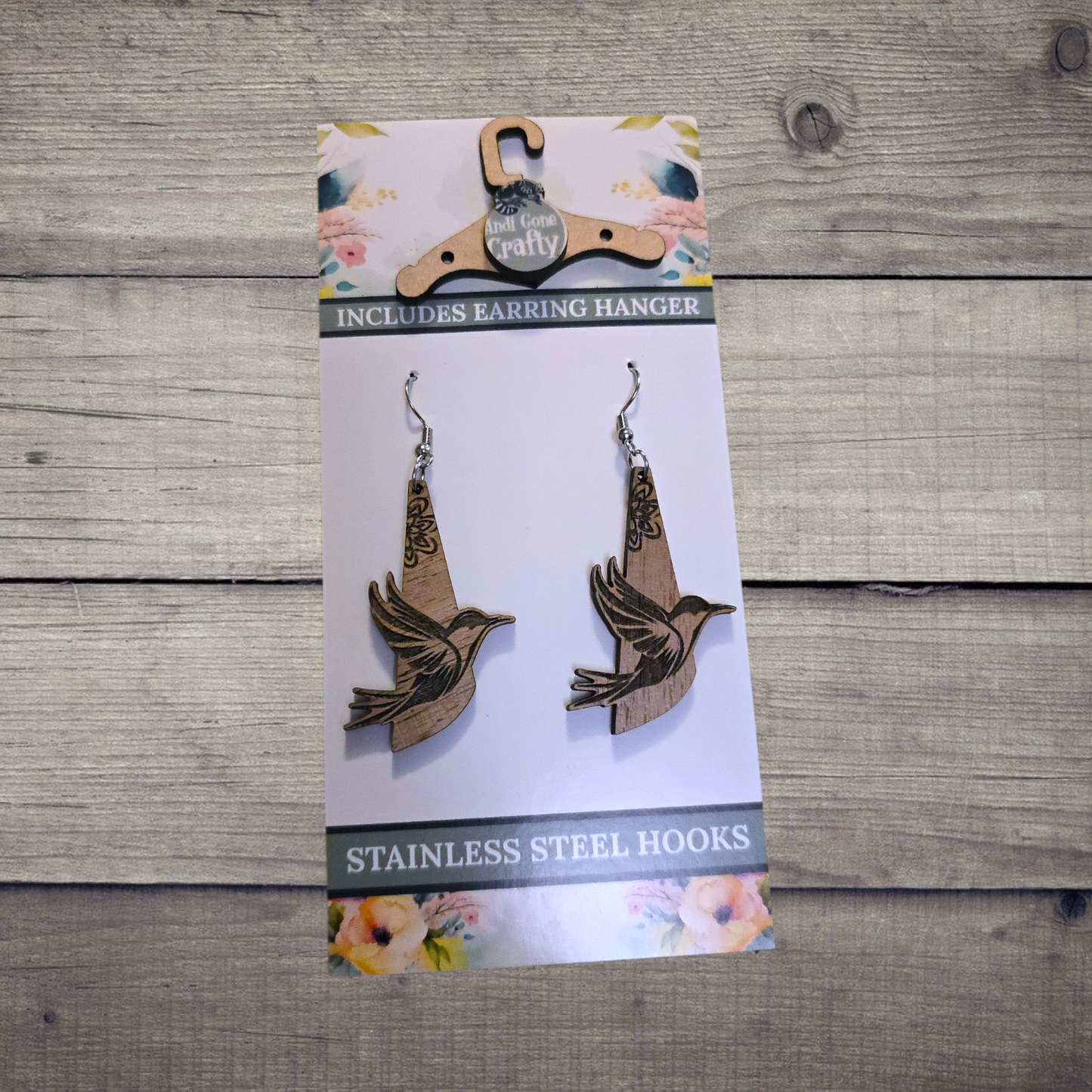 Hummingbird- (Lightweight Wood and Stainless Steel Hooks) - Earring Number 300095