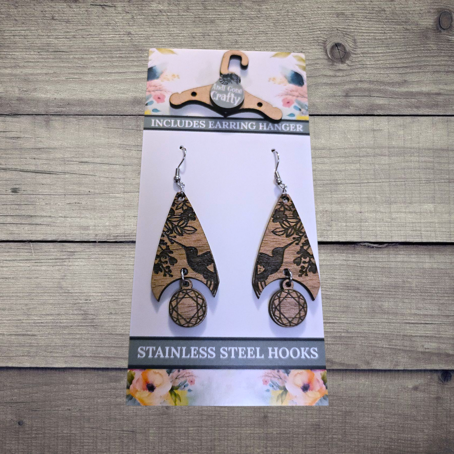 Hummingbird - (Lightweight Wood and Stainless Steel Hooks) - Earring Number 300097