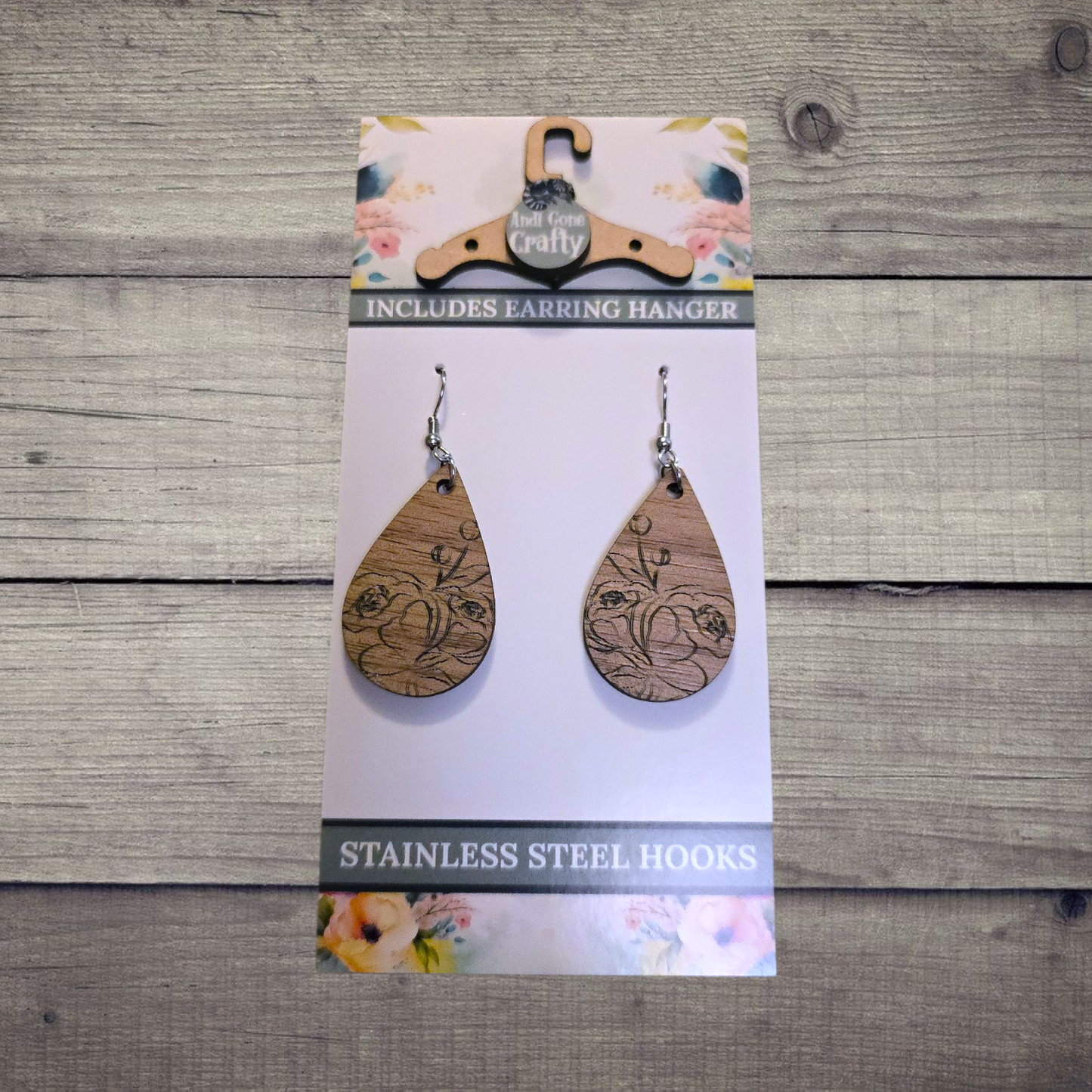 Flower - (Lightweight Wood and Stainless Steel Hooks) - Earring Number 300098