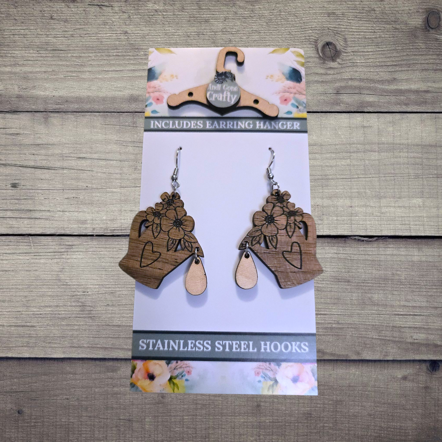 Watering Can - (Lightweight Wood and Stainless Steel Hooks) - Earring Number 300106