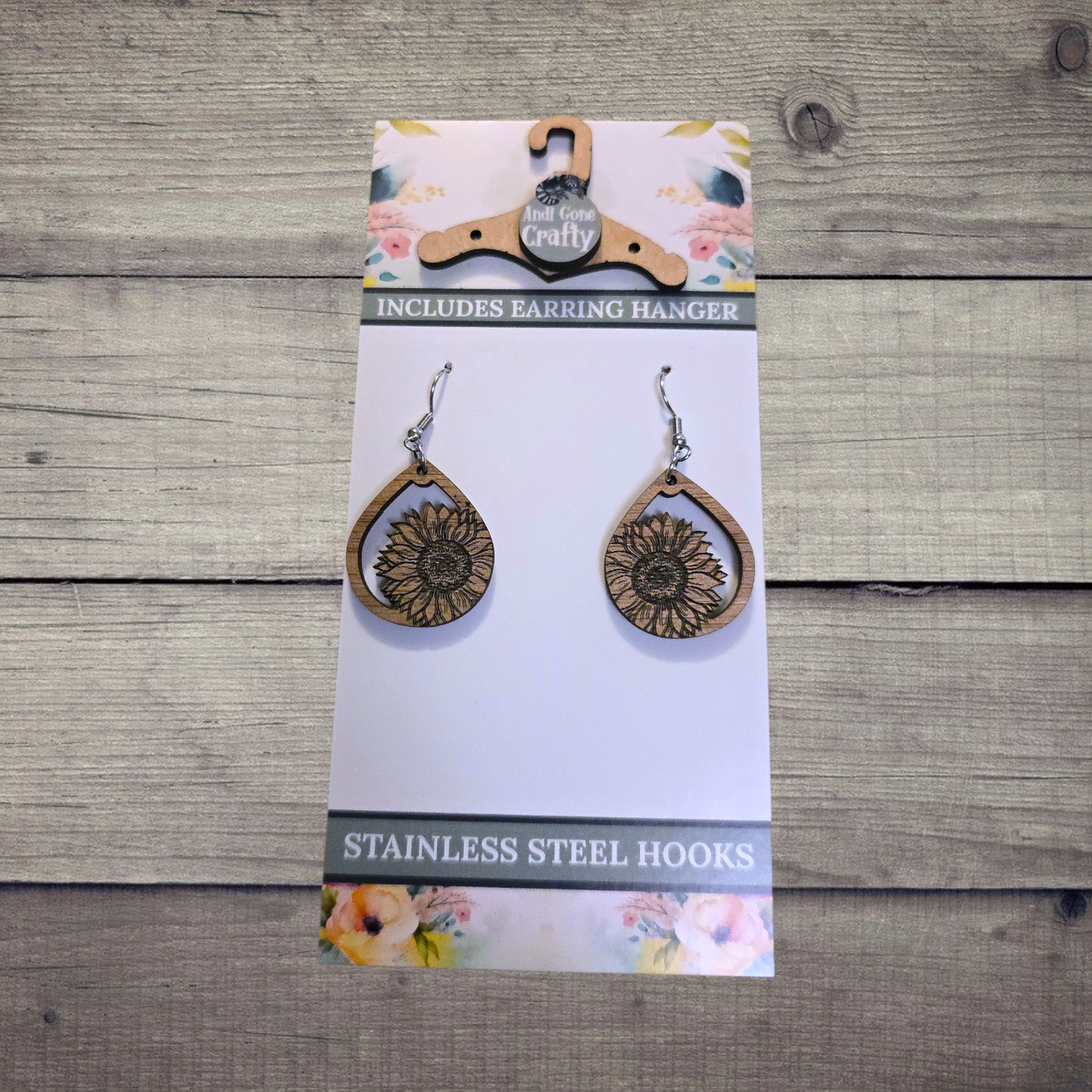 Flower - (Lightweight Wood and Stainless Steel Hooks) - Earring Number 300051