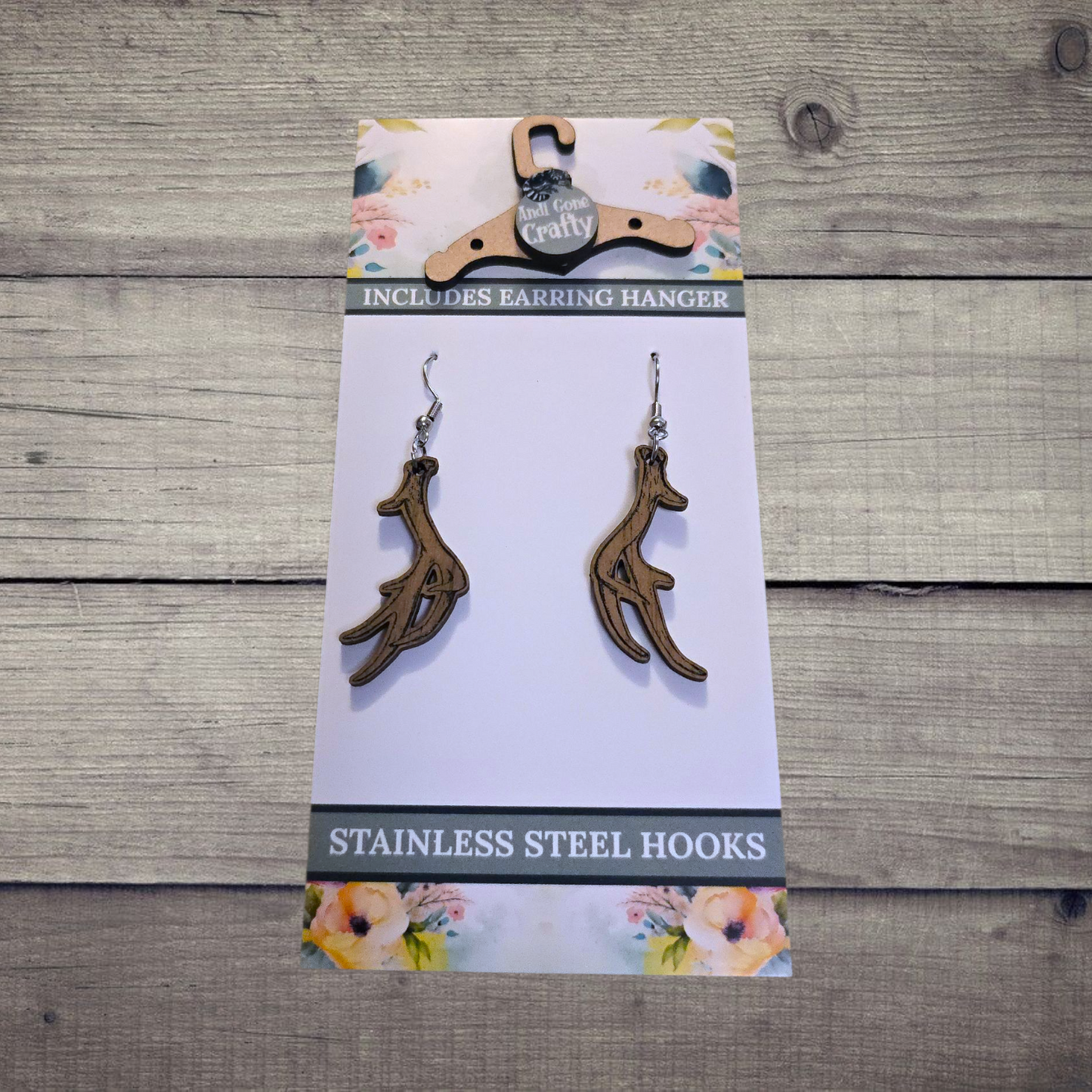 Antlers- (Lightweight Wood and Stainless Steel Hooks) - Earring Number 300056