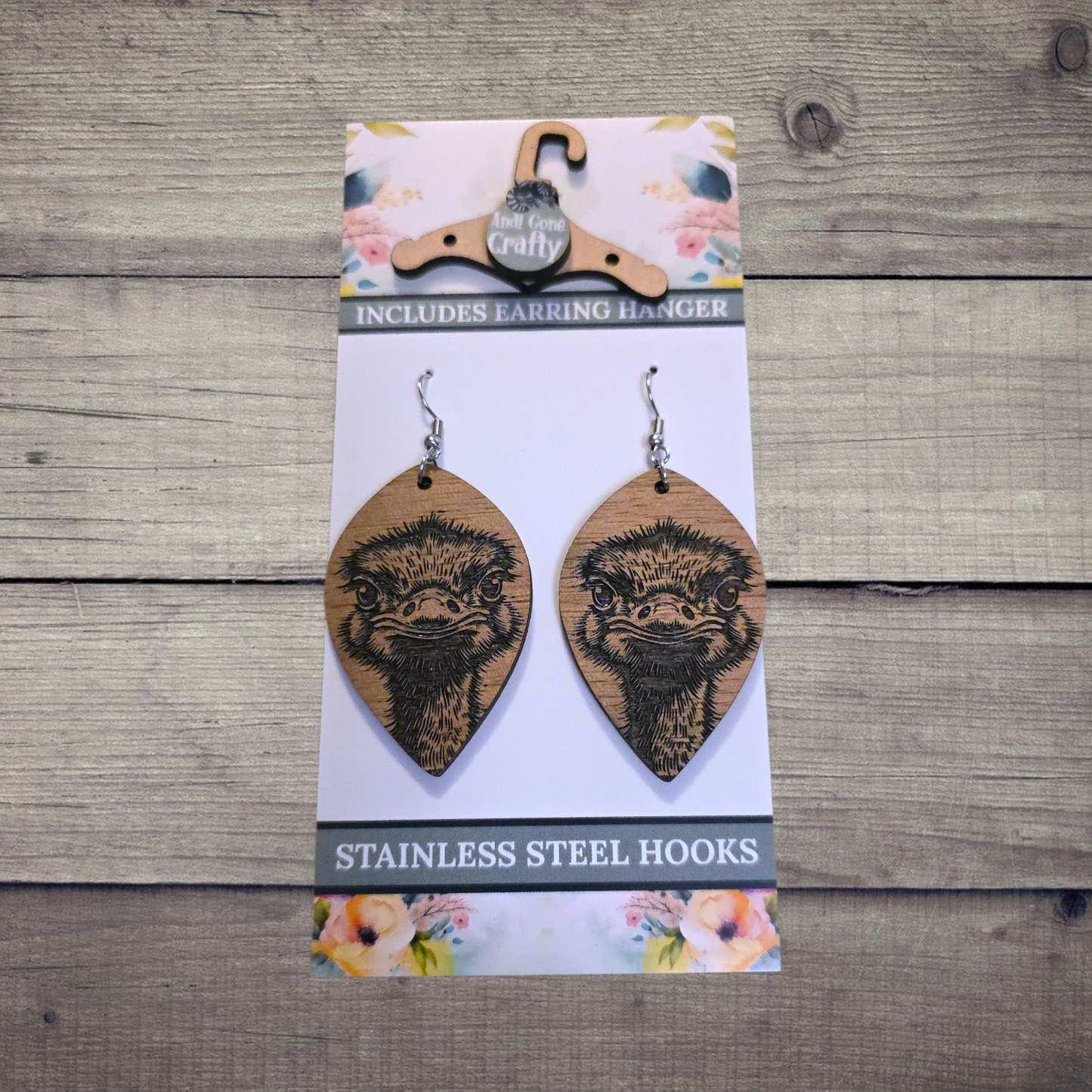 Ostrich - (Lightweight Wood and Stainless Steel Hooks) - Earring Number 300058