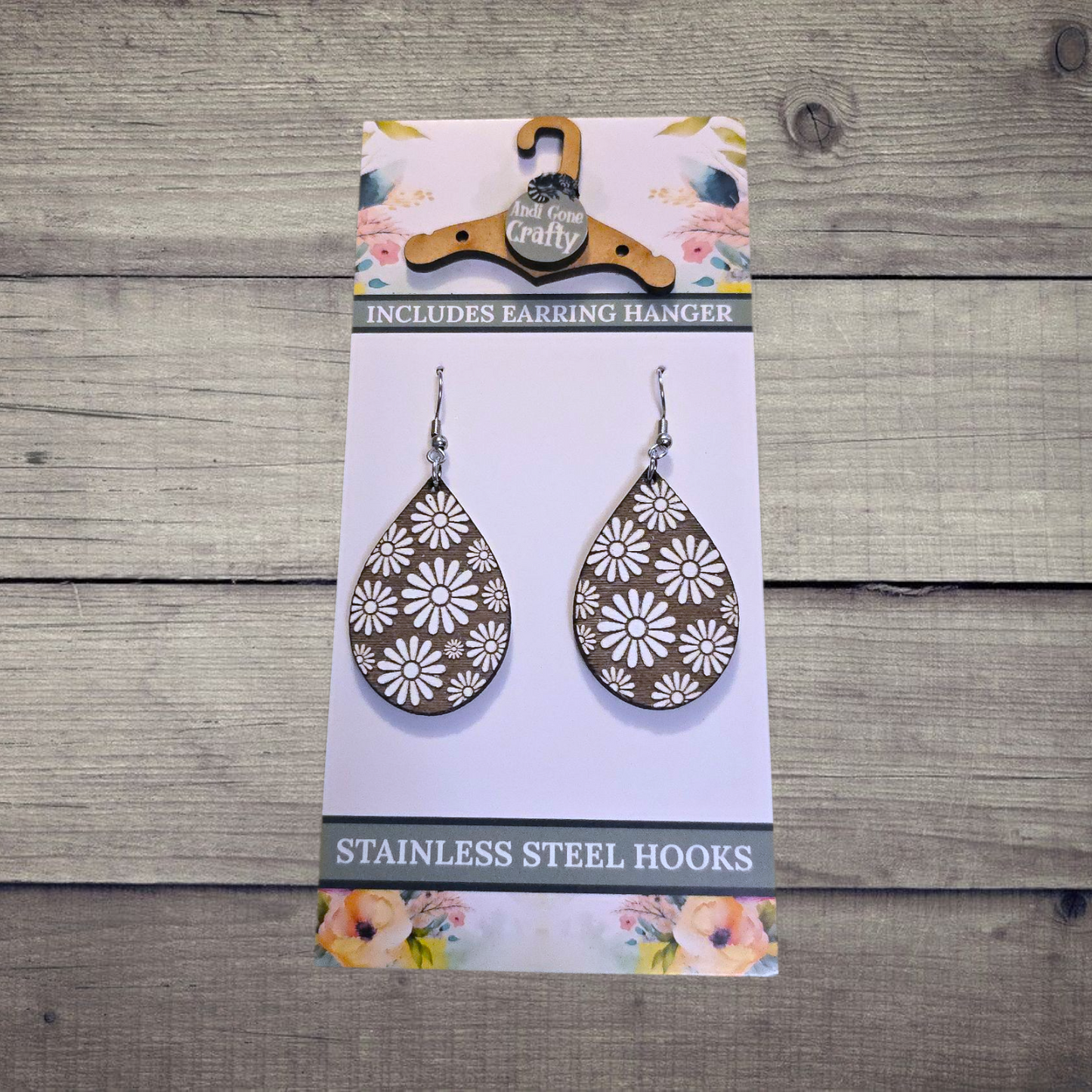 Flower - (Lightweight Wood and Stainless Steel Hooks) - Earring Number 300059