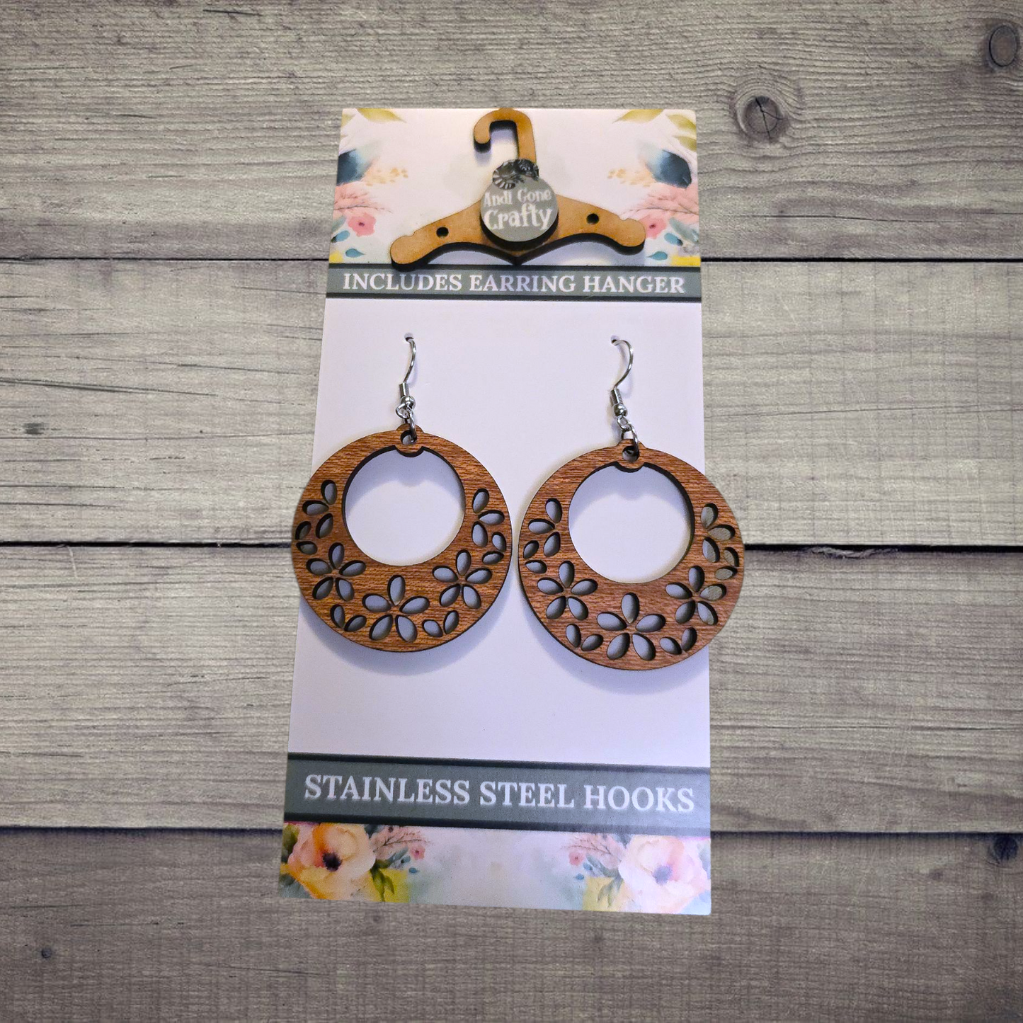 Flower - (Lightweight Wood and Stainless Steel Hooks) - Earring Number 300064