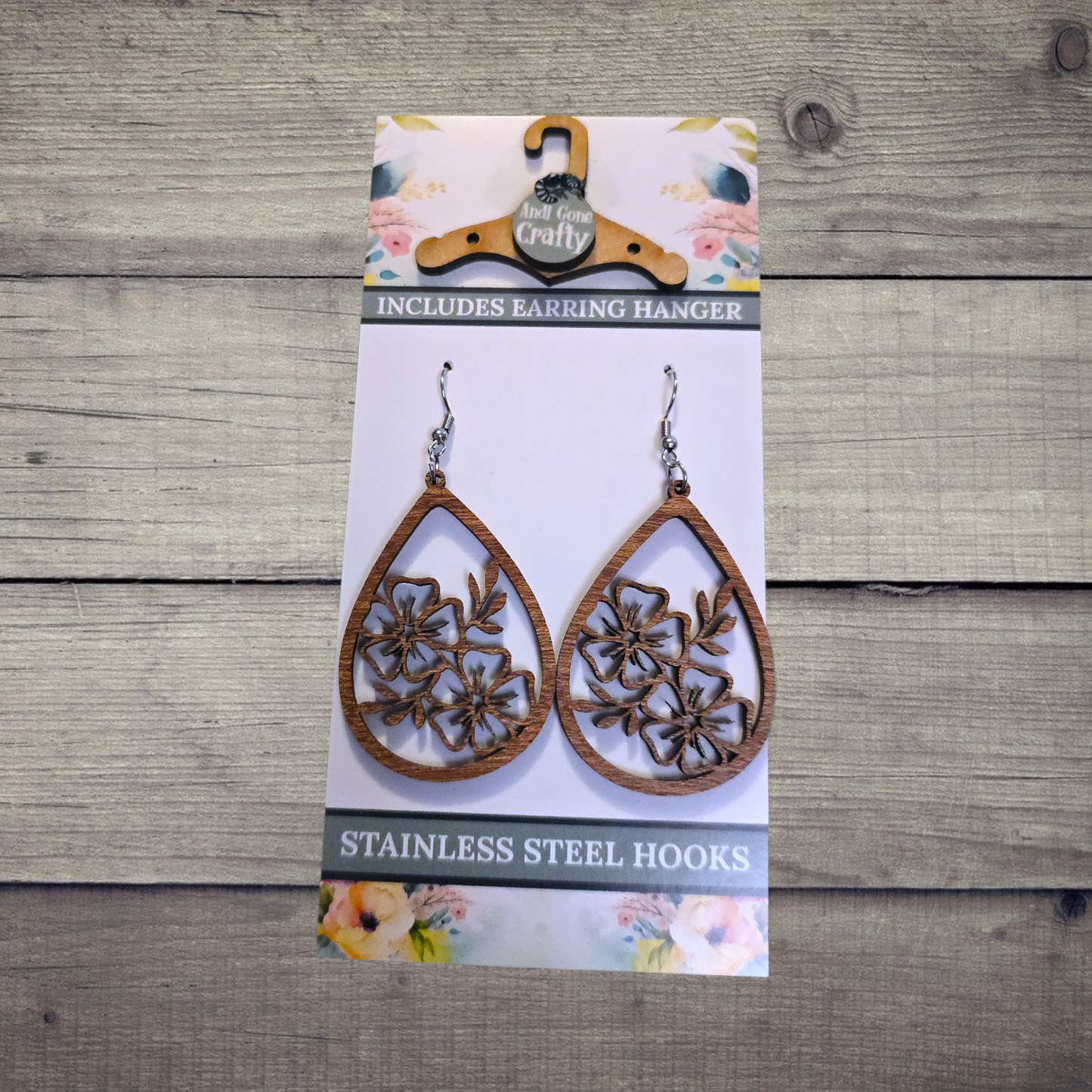Flower - (Lightweight Wood and Stainless Steel Hooks) - Earring Number 300066