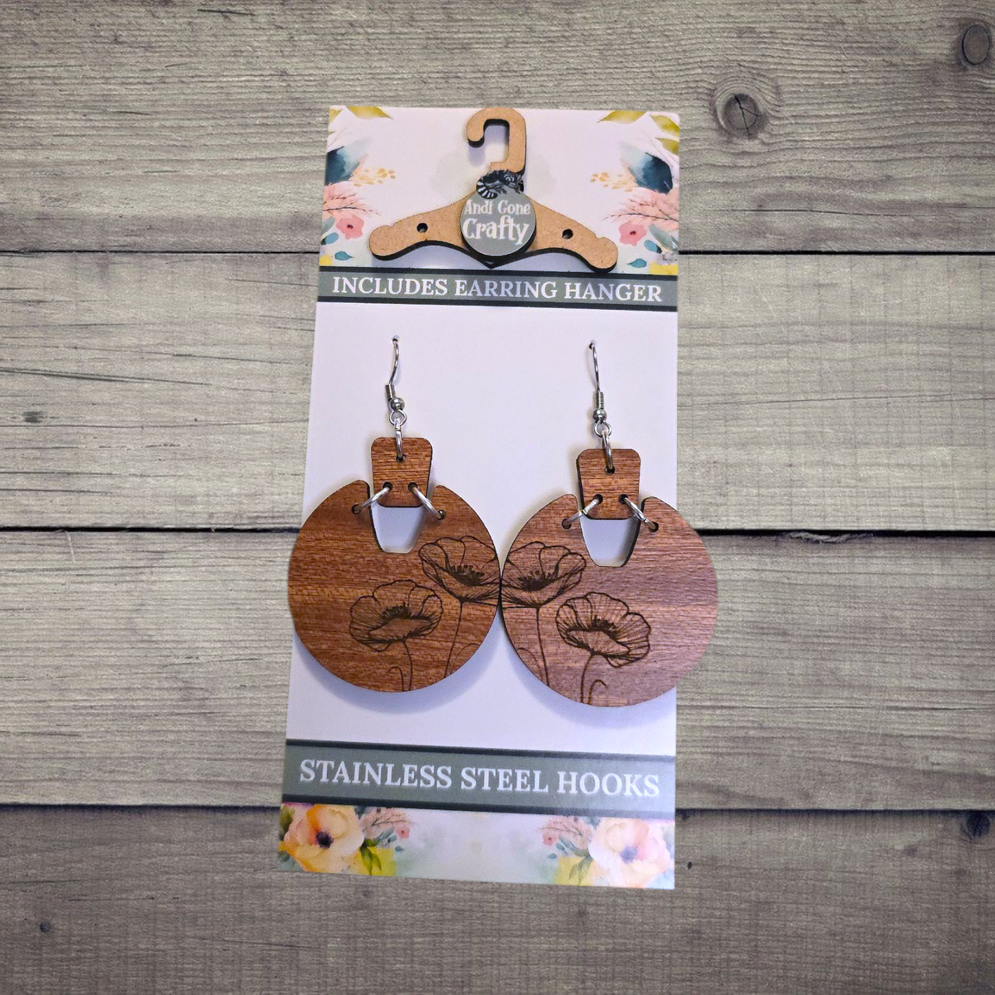 Flower - (Lightweight Wood and Stainless Steel Hooks) - Earring Number 300068