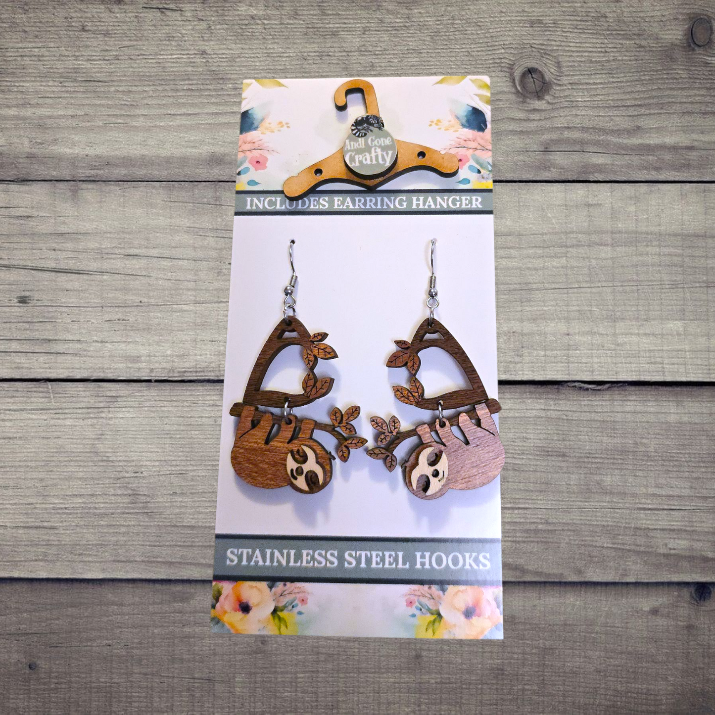 Sloth - (Lightweight Wood and Stainless Steel Hooks) - Earring Number 300069