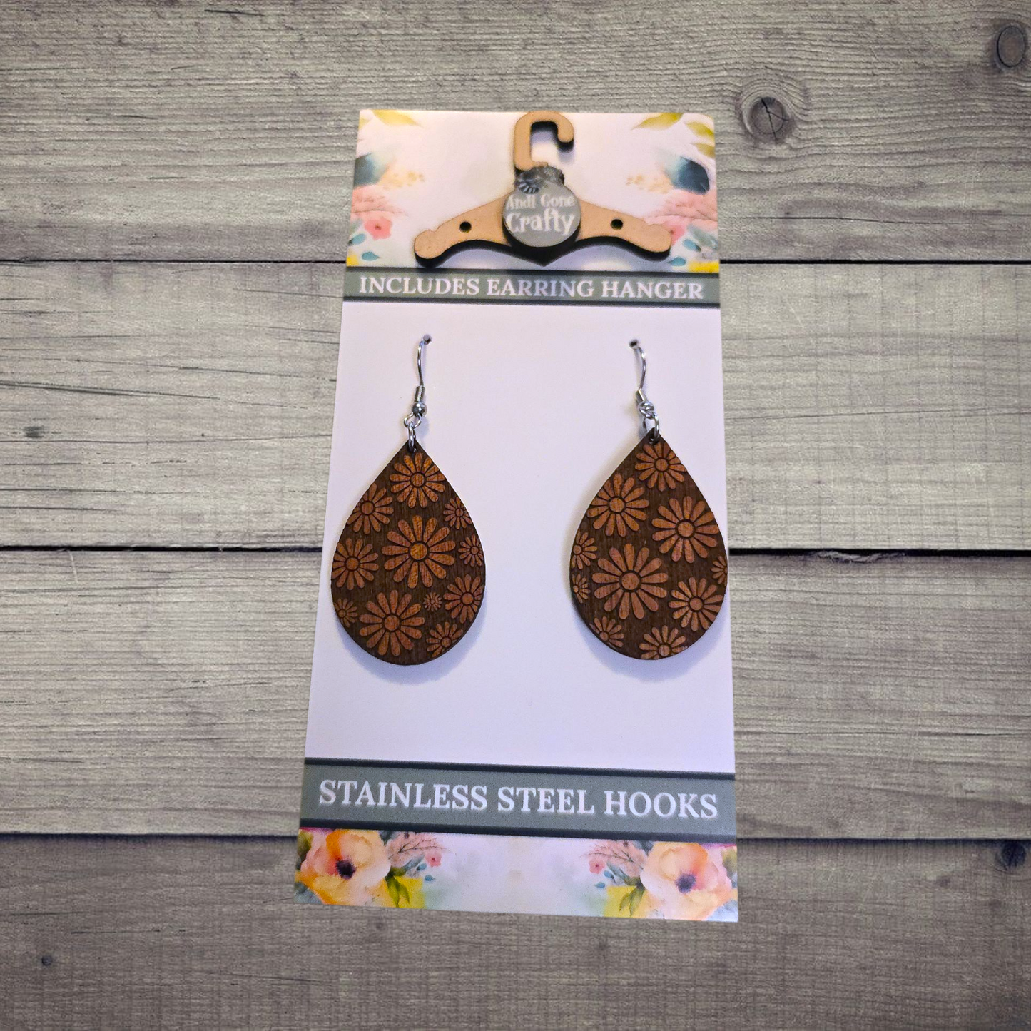 Flower - (Lightweight Wood and Stainless Steel Hooks) - Earring Number 300074