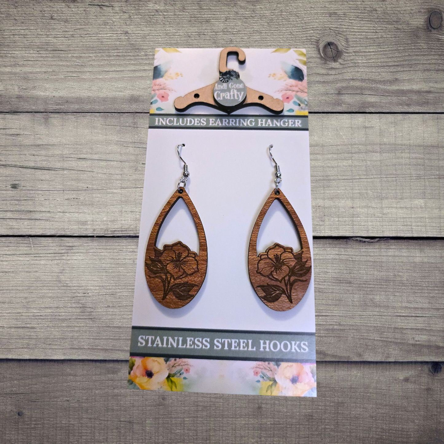 Flower - (Lightweight Wood and Stainless Steel Hooks) - Earring Number 300012