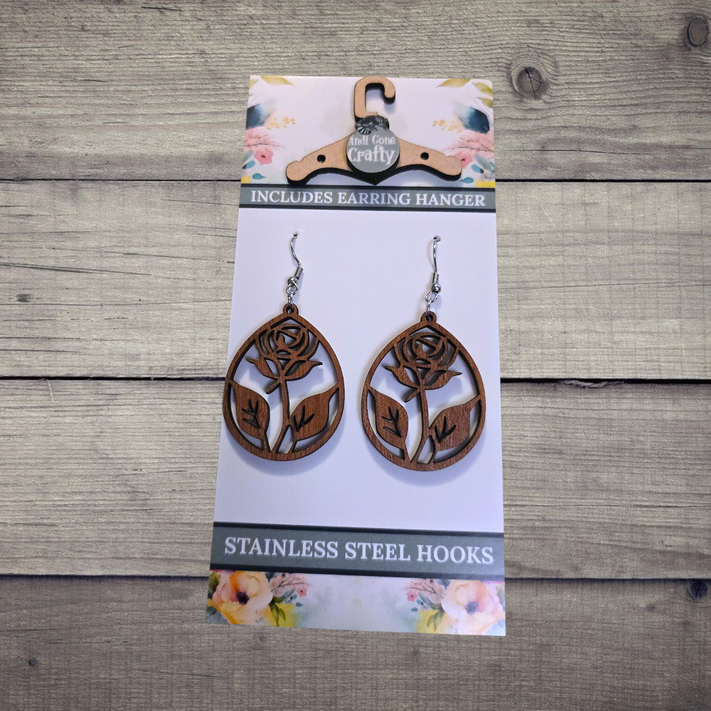 Flower - (Lightweight Wood and Stainless Steel Hooks) - Earring Number 300020