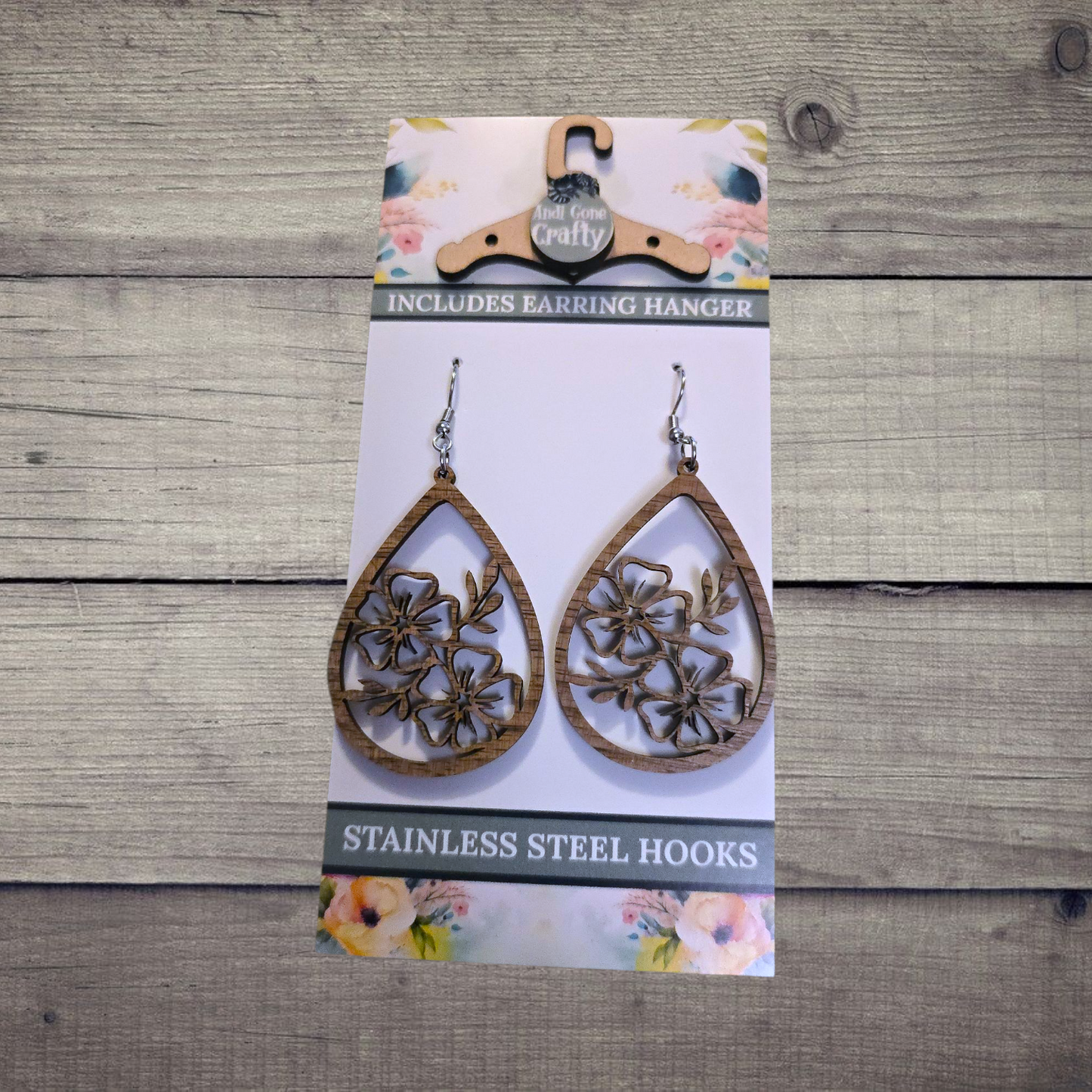 Flower - (Lightweight Wood and Stainless Steel Hooks) - Earring Number 300021