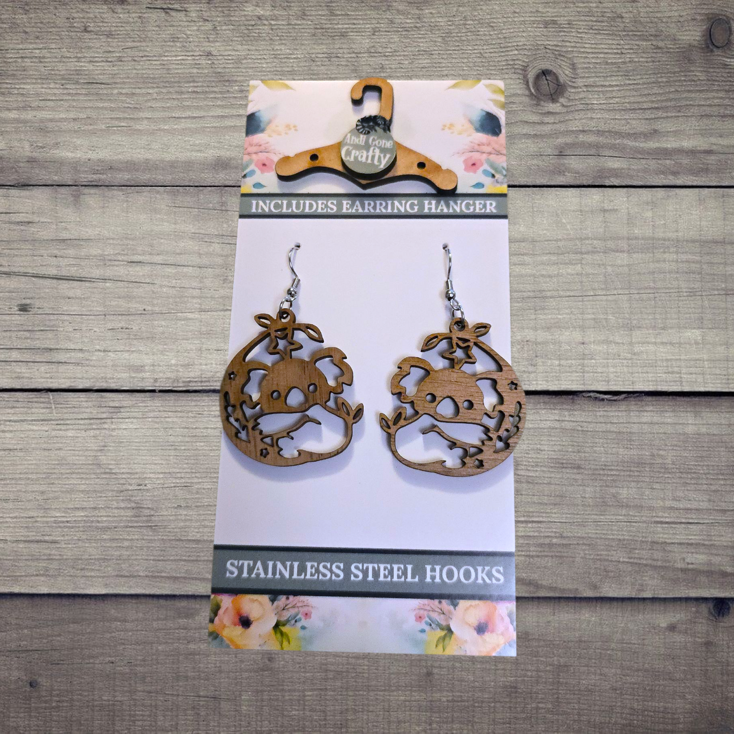 Koala w/ Star - (Lightweight Wood and Stainless Steel Hooks) - Earring Number 300022