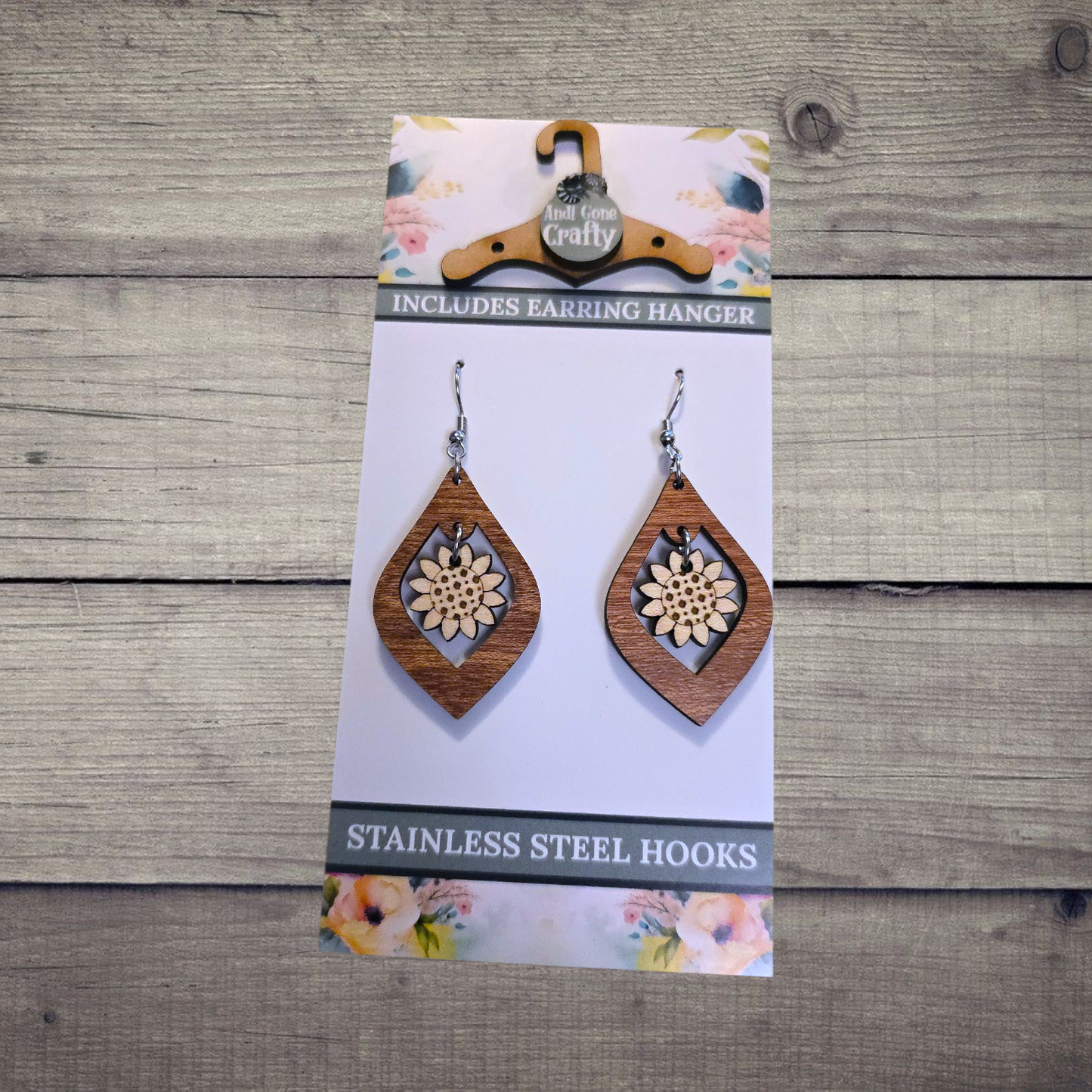 Flower - (Lightweight Wood and Stainless Steel Hooks) - Earring Number 300024