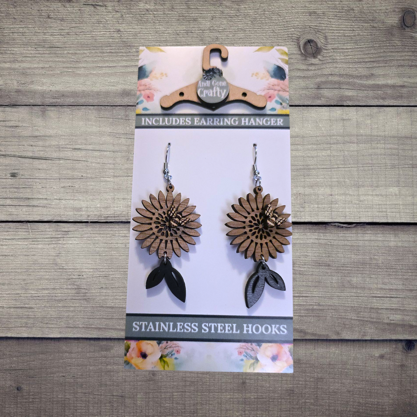 Flower - (Lightweight Wood and Stainless Steel Hooks) - Earring Number 300025
