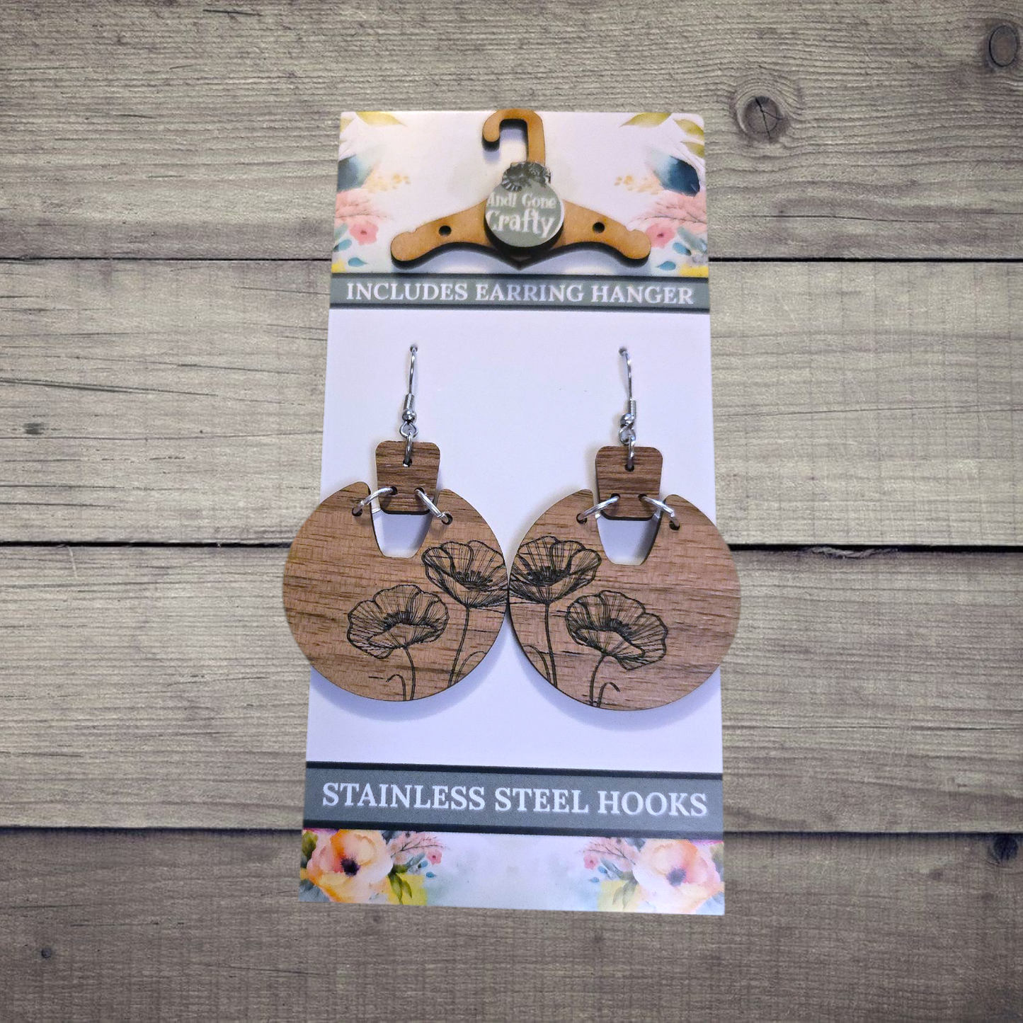 Flower - (Lightweight Wood and Stainless Steel Hooks) - Earring Number 300026