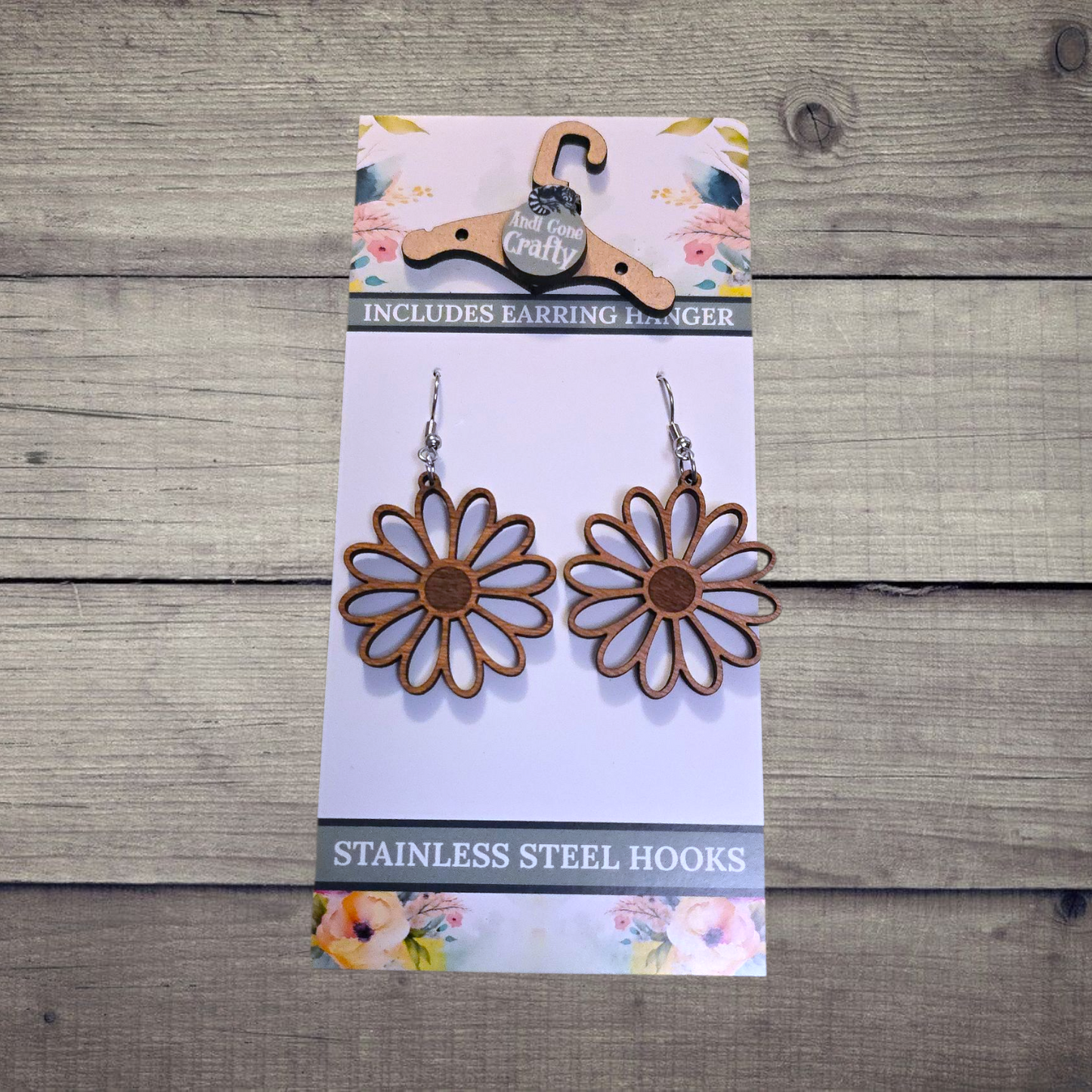 Flower - (Lightweight Wood and Stainless Steel Hooks) - Earring Number 300033