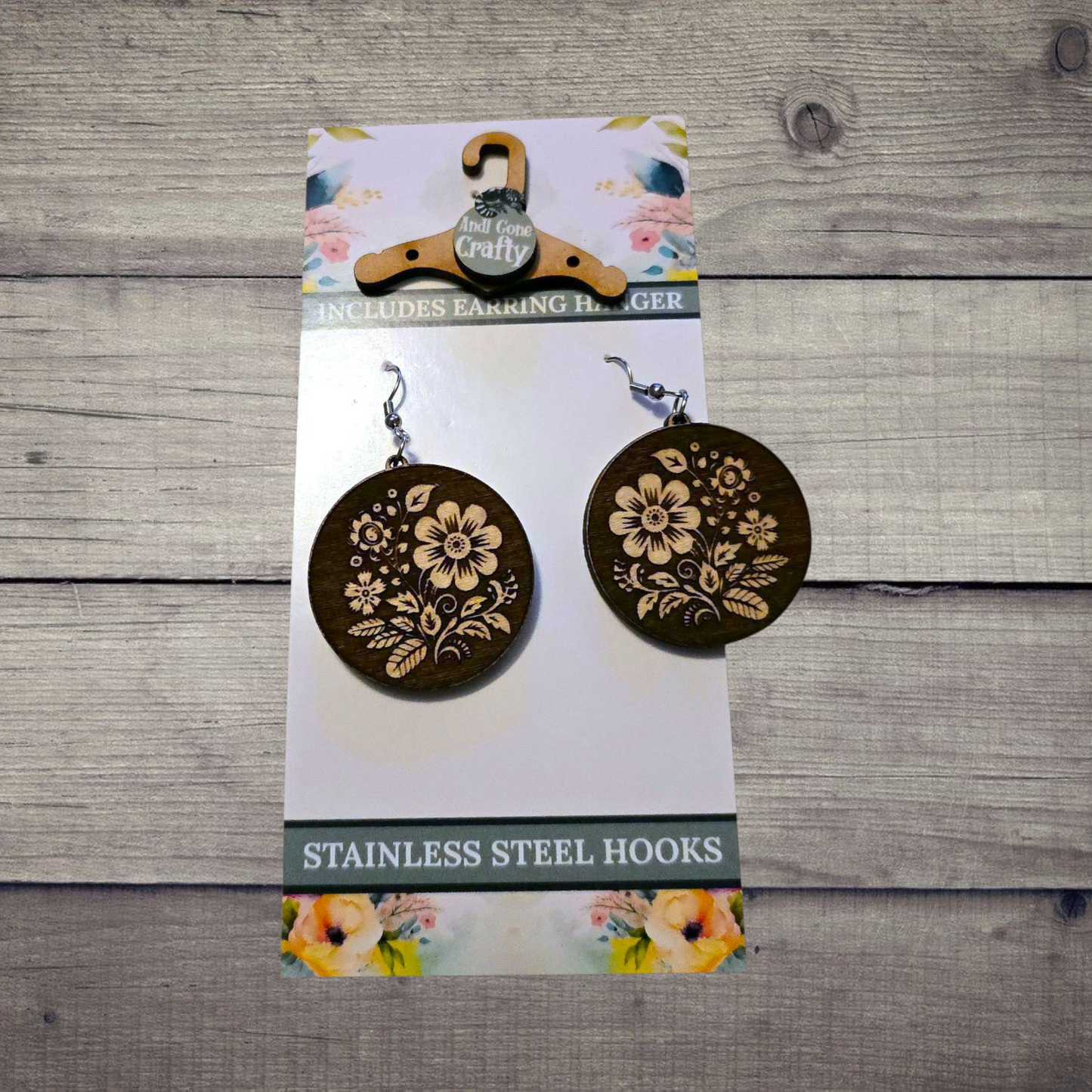 Flowers (2 colors) - (Lightweight Wood and Stainless Steel Hooks) - Earring Number 300007