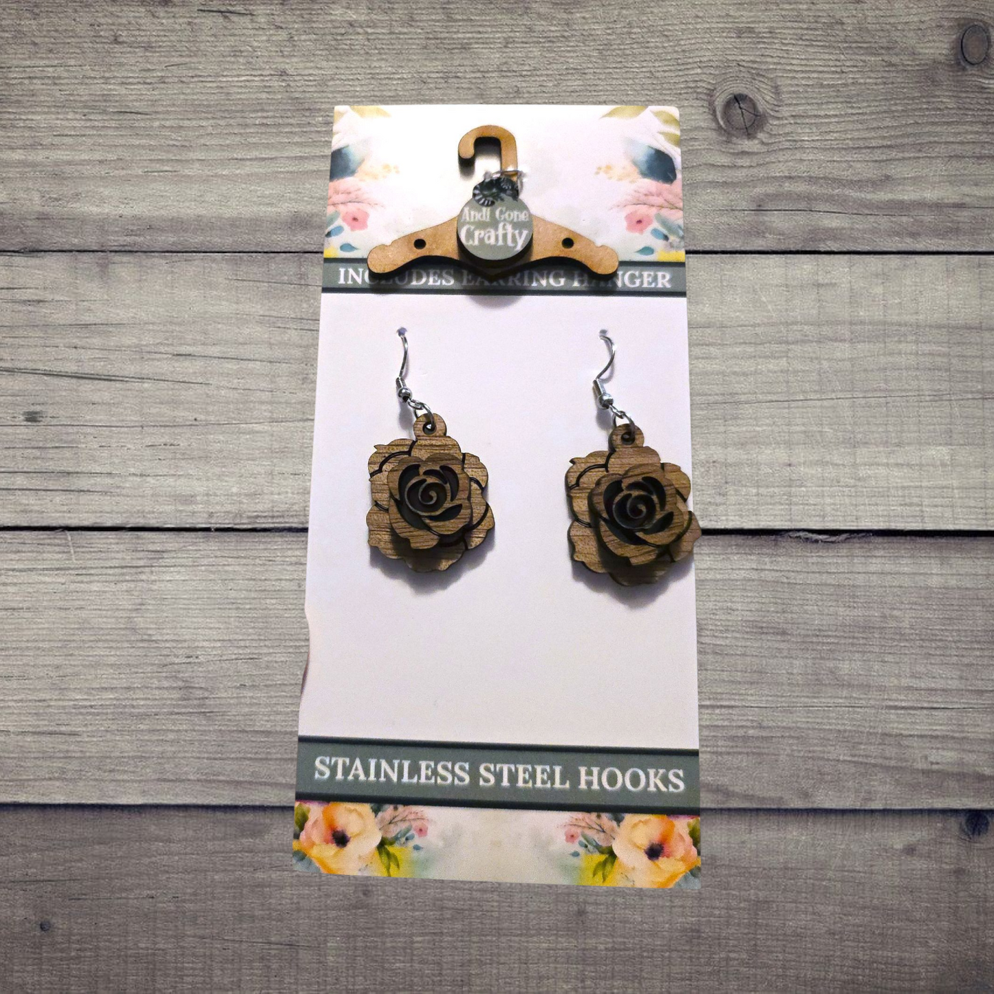Flower - (Lightweight Wood and Stainless Steel Hooks) - Earring Number 300034
