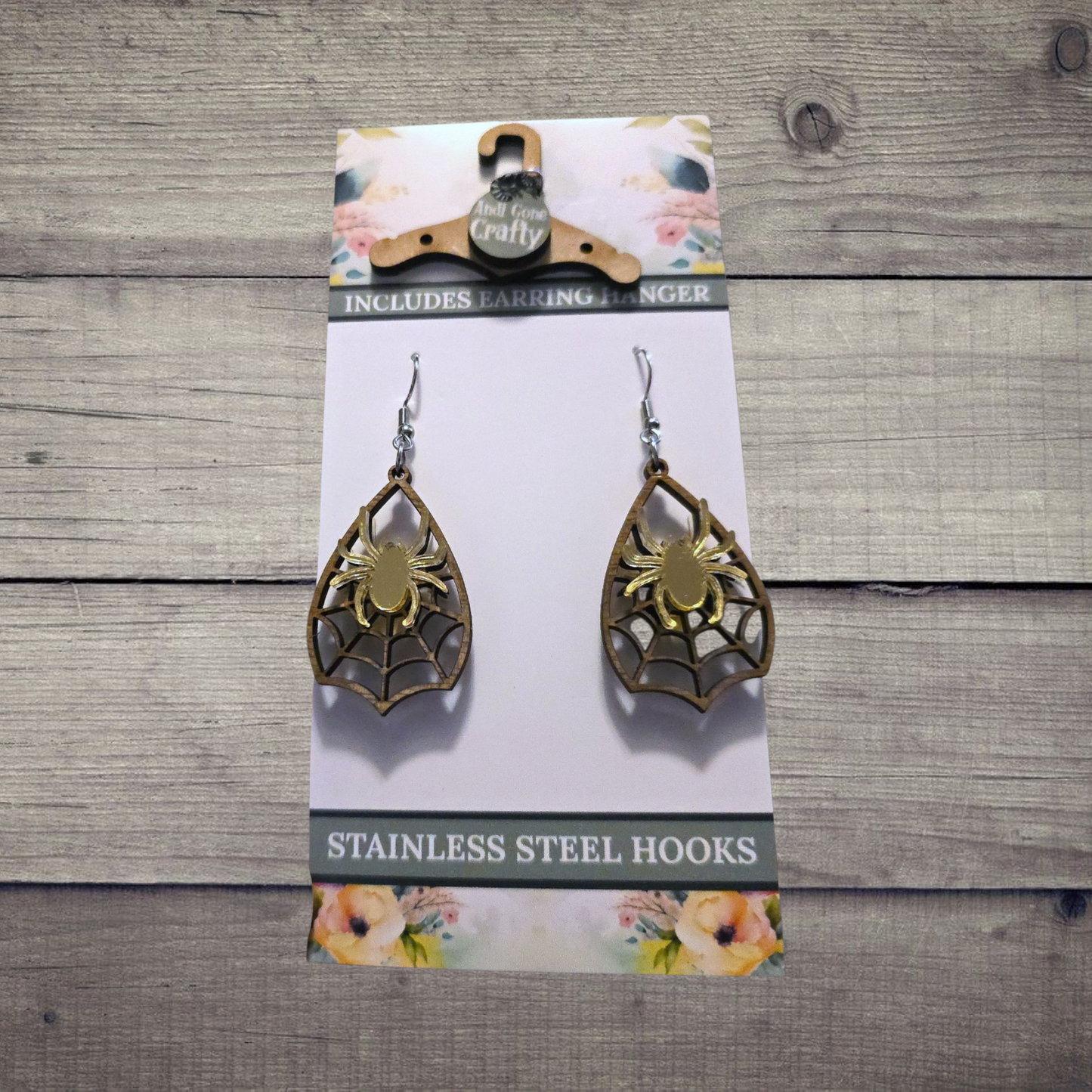 Spider - (Lightweight Wood and Stainless Steel Hooks) - Earring Number 300037