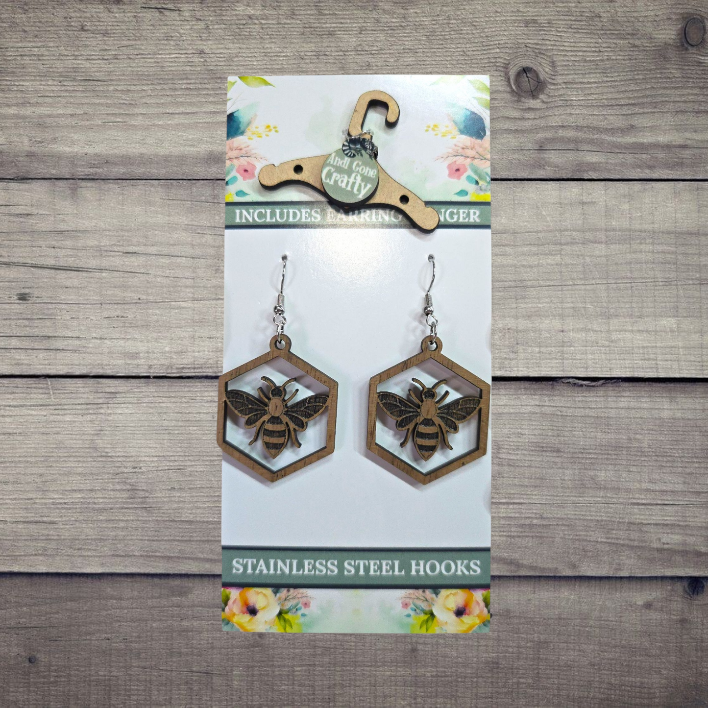 Bee - (Lightweight Wood and Stainless Steel Hooks) - Earring Number 300004