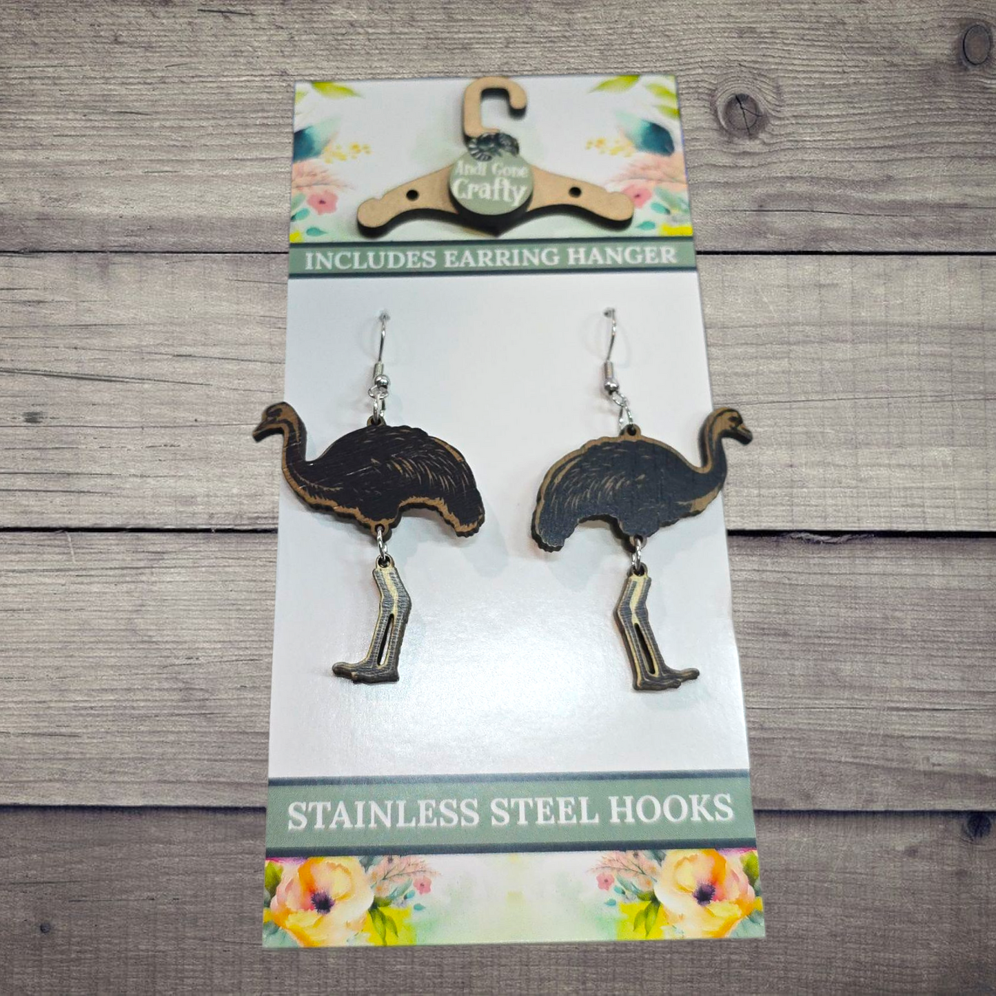 Ostrich - (Lightweight Wood and Stainless Steel Hooks) - Earring Number 300001