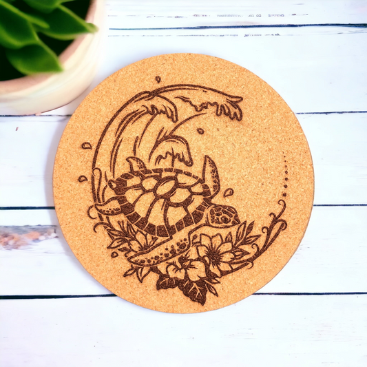 Tortuga marina con ola - Naturaleza tropical - Salvamanteles de corcho grabados de 7 pulgadas, almohadilla térmica, posavasos