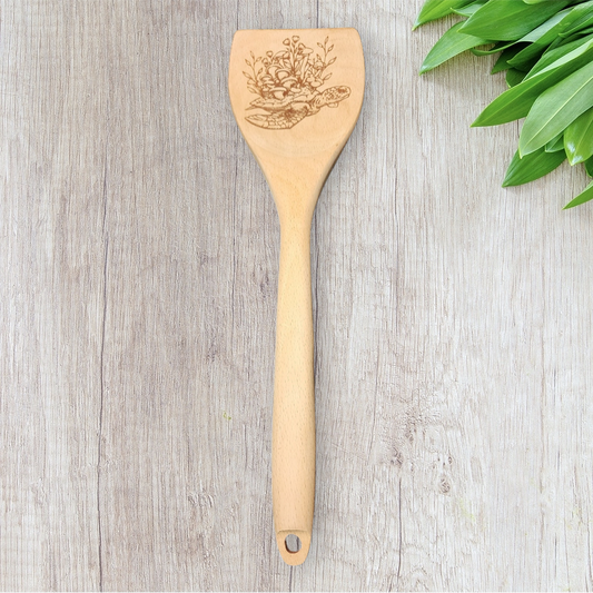 Cucharas de Cocina de Madera Grabadas - Naturaleza Tropical - Tortuga Marina con Hongos en la Espalda