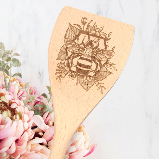 Cucharas de cocina de madera grabadas - Hojas hexagonales de abeja