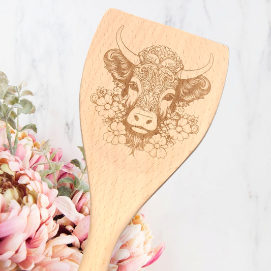 Cucharas de cocina de madera grabada - Animal - Vaca de las Tierras Altas