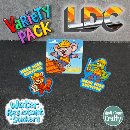 Near Miss Survivor - LDC - Bulk Pack of 16 Stickers - Apx 2in - Water Resistant Stickers