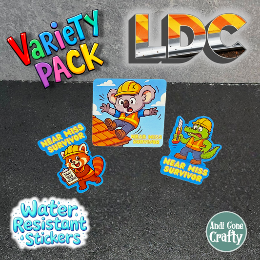 Near Miss Survivor - LDC - Bulk Pack of 16 Stickers - Apx 2in - Water Resistant Stickers