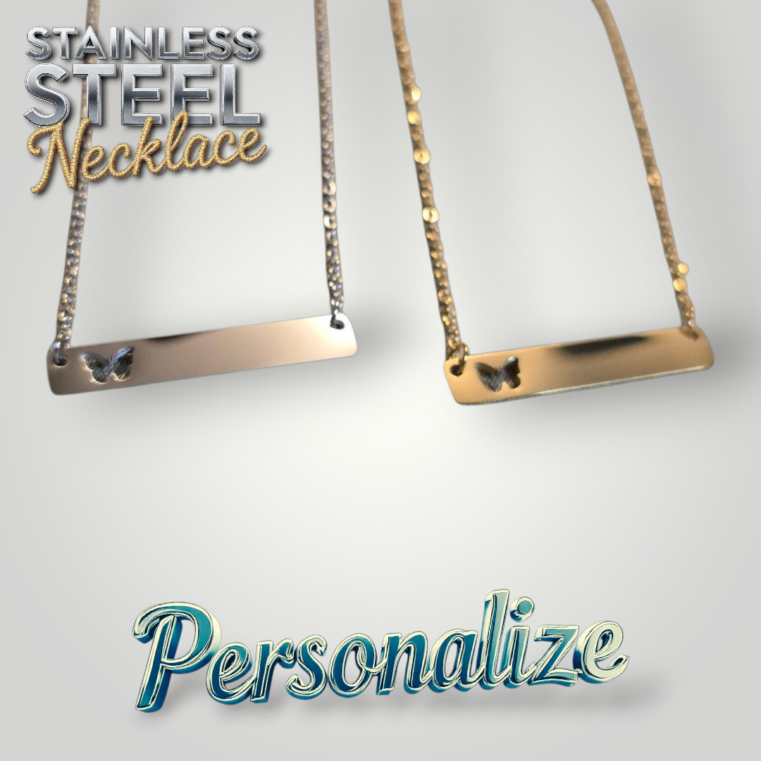 Butterfly Horizontal Bar Necklace - Ready to be Engraved - Premium Stainless Steel Piece #700021