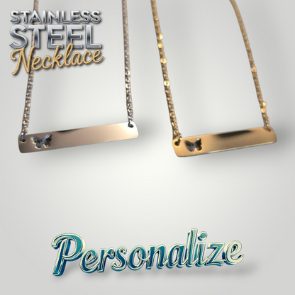 Butterfly Horizontal Bar Necklace - Ready to be Engraved - Premium Stainless Steel Piece #700021