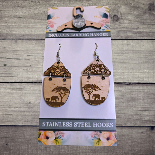 Elephants - (Lightweight Wood and Stainless Steel Hooks) -  Earring Number 300516