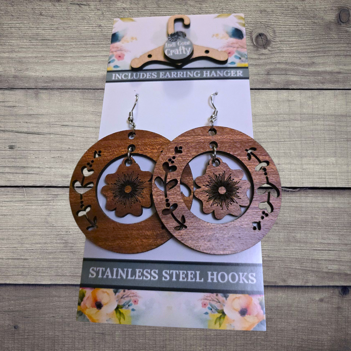 Flower Large - (Lightweight Wood and Stainless Steel Hooks) -  Earring Number 300529