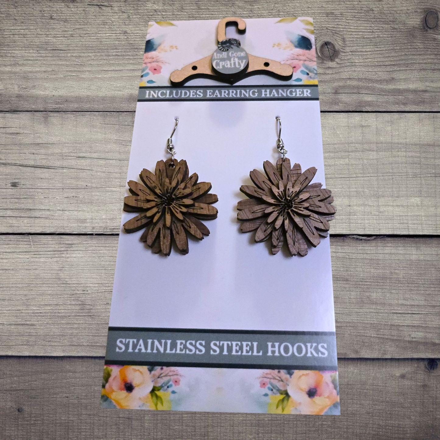 Flower - (Lightweight Wood and Stainless Steel Hooks) -  Earring Number 300530