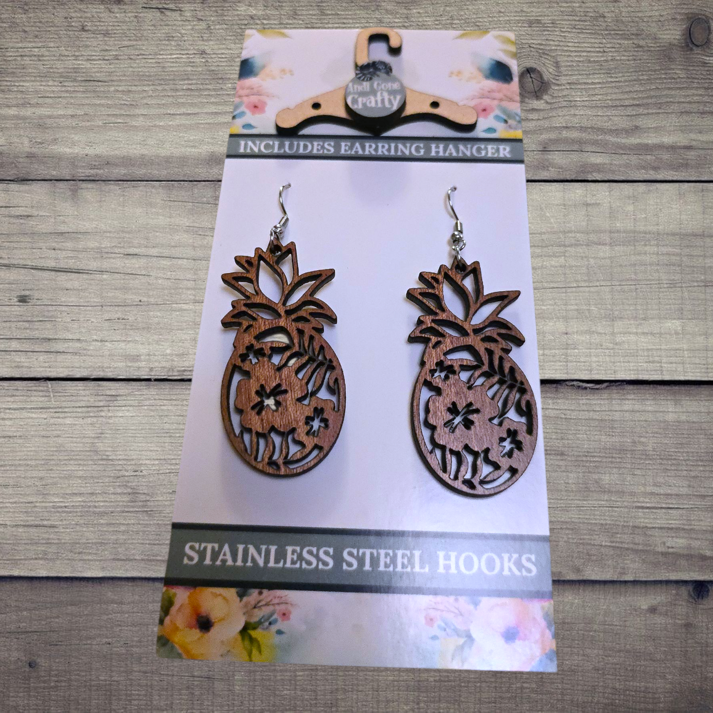 Pineapple - (Lightweight Wood and Stainless Steel Hooks) -  Earring Number 300532