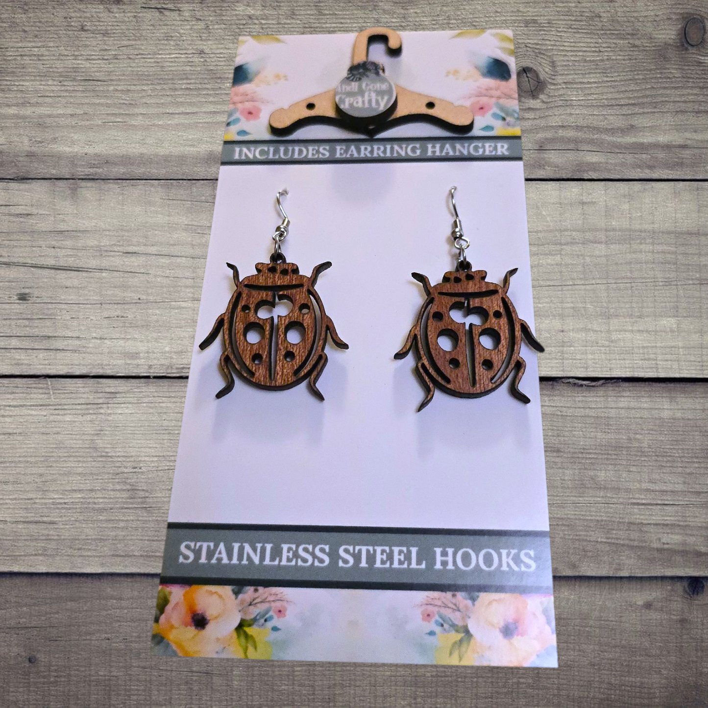 lady Bug - (Lightweight Wood and Stainless Steel Hooks) -  Earring Number 300491