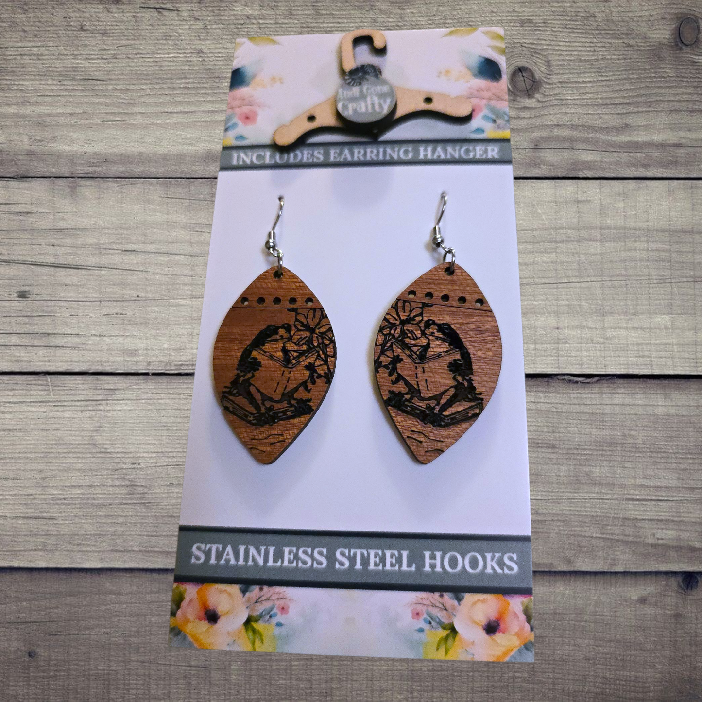Frog Reading - (Lightweight Wood and Stainless Steel Hooks) -  Earring Number 300498