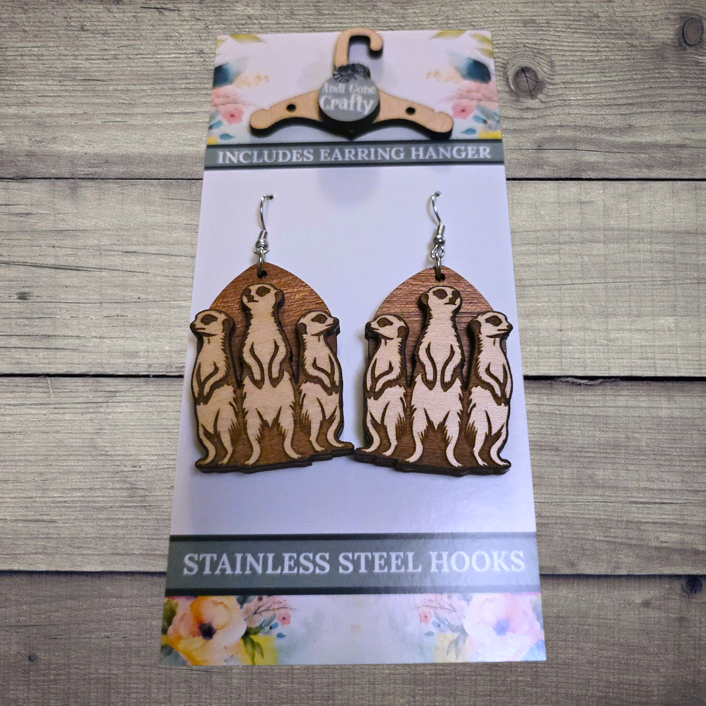 Meerkat - (Lightweight Wood and Stainless Steel Hooks) -  Earring Number 300513