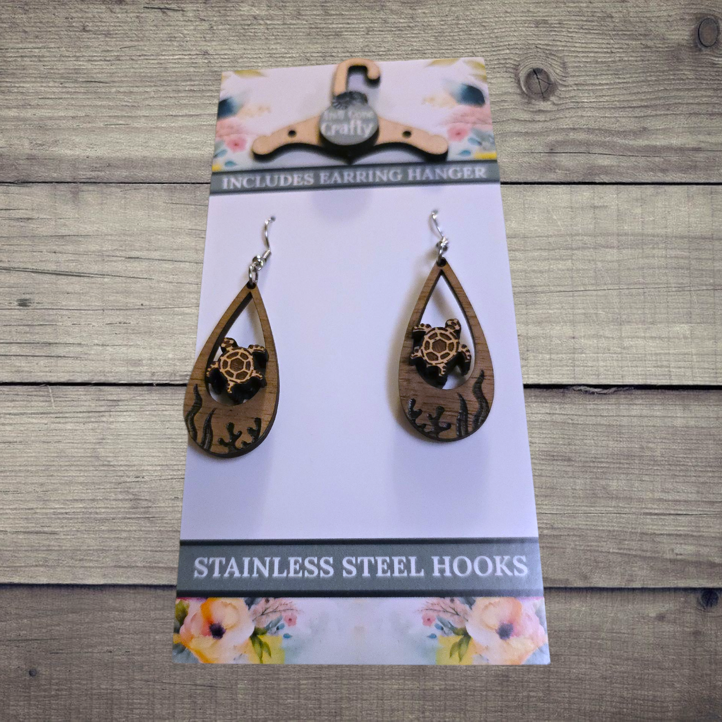 Sea Turtle - (Lightweight Wood and Stainless Steel Hooks) -  Earring Number 300469