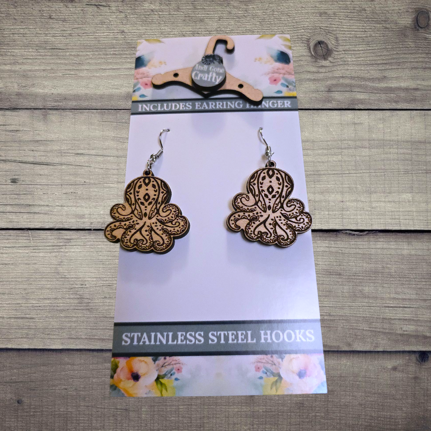 Octopus - (Lightweight Wood and Stainless Steel Hooks) -  Earring Number 300475