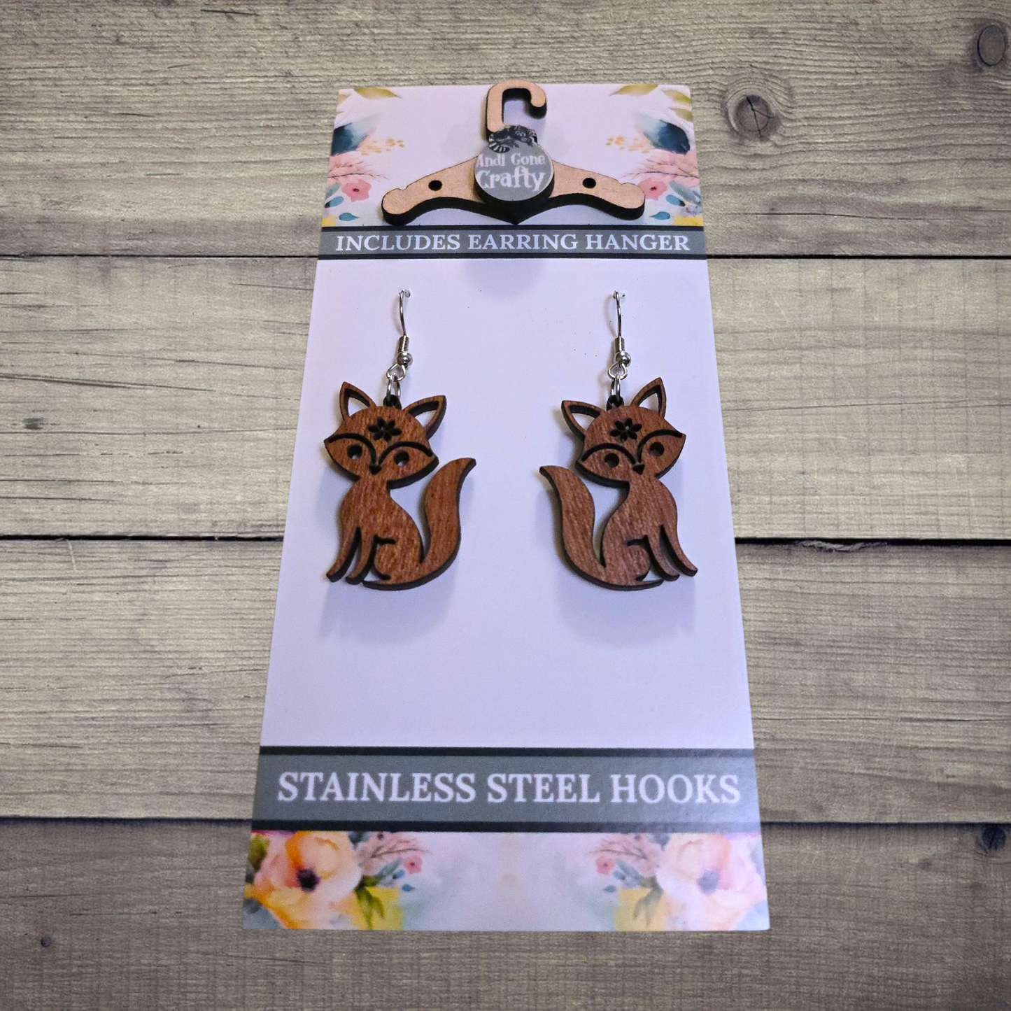 Fox - (Lightweight Wood and Stainless Steel Hooks) -  Earring Number 300464